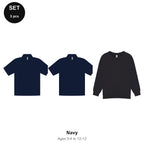Kids School Starter Set: 2 Polos + Sweatshirt - 65% polyester / 35% cotton pique 200gsm, Ages 3-13, School & PE - Navy