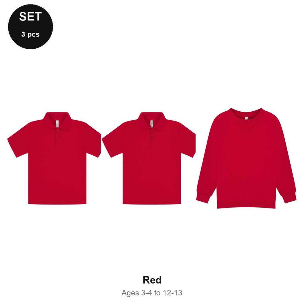 Kids School Starter Set: 2 Polos + Sweatshirt - 65% polyester / 35% cotton pique 200gsm, Ages 3-13, School & PE - Red