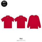 Kids School Starter Set: 2 Polos + Sweatshirt - 65% polyester / 35% cotton pique 200gsm, Ages 3-13, School & PE - Red