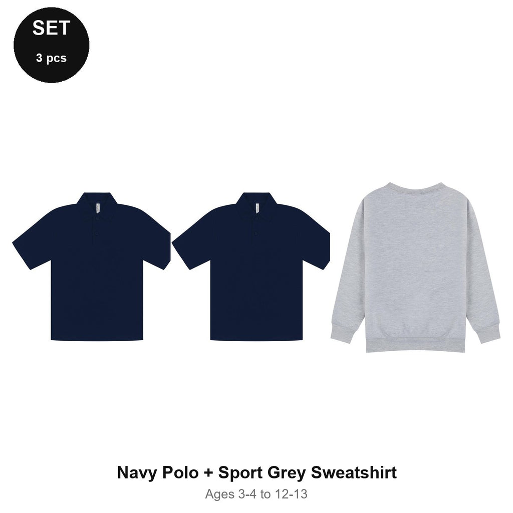 Kids School Starter Set: 2 Polos + Sweatshirt - 65% polyester / 35% cotton pique 200gsm, Ages 3-13, School & PE - Navy Polo + Sport Grey Sweatshirt