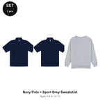 Kids School Starter Set: 2 Polos + Sweatshirt - 65% polyester / 35% cotton pique 200gsm, Ages 3-13, School & PE - Navy Polo + Sport Grey Sweatshirt