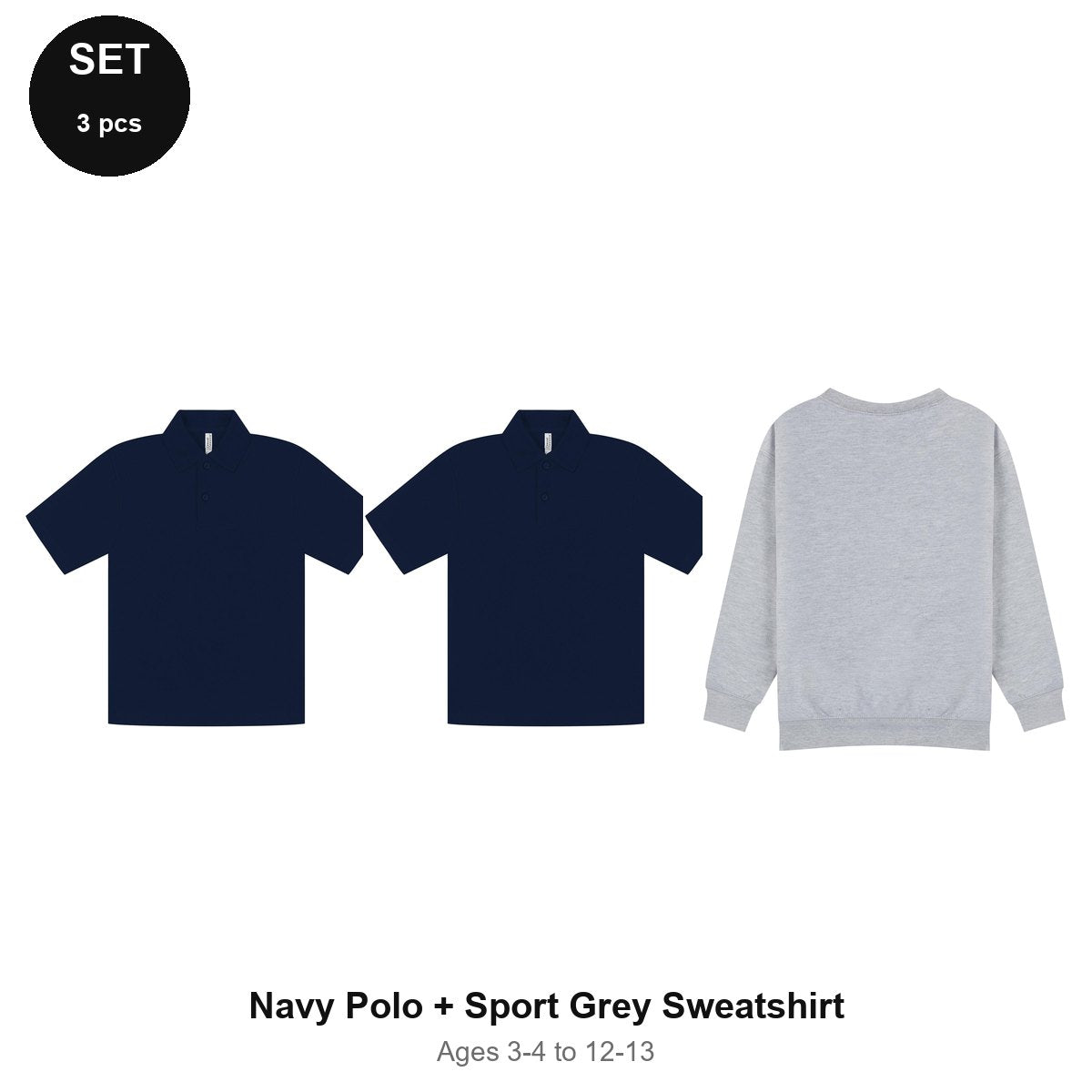 Kids School Starter Set: 2 Polos + Sweatshirt - 65% polyester / 35% cotton pique 200gsm, Ages 3-13, School & PE - Navy Polo + Sport Grey Sweatshirt