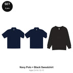 Kids School Starter Set: 2 Polos + Sweatshirt - 65% polyester / 35% cotton pique 200gsm, Ages 3-13, School & PE - Navy Polo + Black Sweatshirt