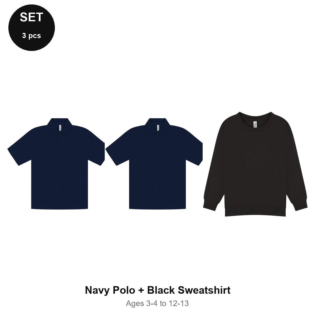 Kids School Starter Set: 2 Polos + Sweatshirt - 65% polyester / 35% cotton pique 200gsm, Ages 3-13, School & PE - Navy Polo + Black Sweatshirt
