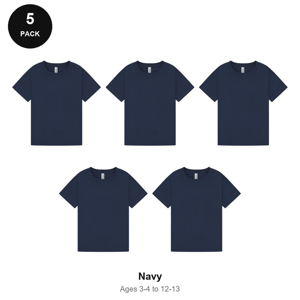 Kids Plain T-Shirts 5 Pack - 100% ringspun cotton 150gsm, Ages 3-13, School & PE - Navy