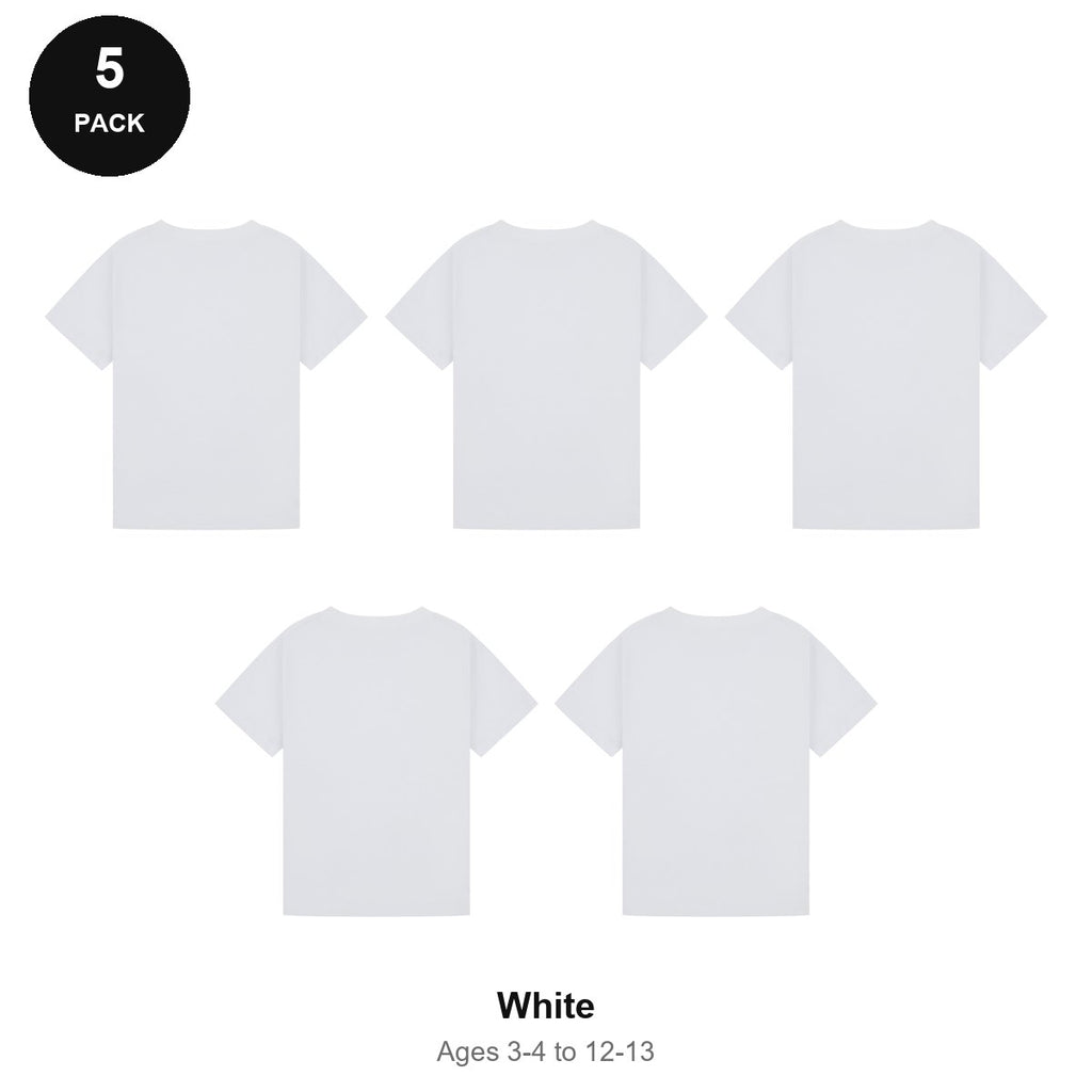 Kids Plain T-Shirts 5 Pack - 100% ringspun cotton 150gsm, Ages 3-13, School & PE - White
