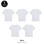 Kids Plain T-Shirts 5 Pack - 100% ringspun cotton 150gsm, Ages 3-13, School & PE - White