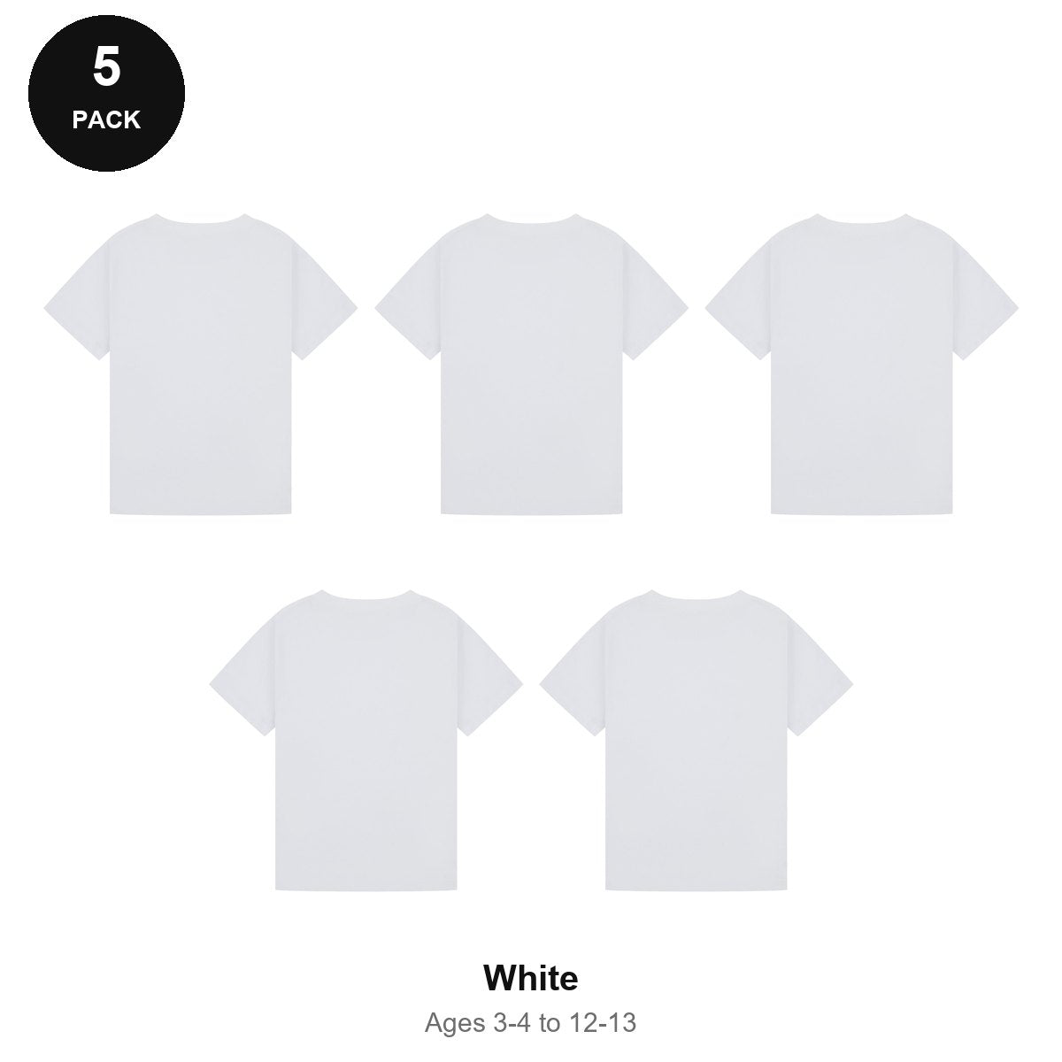 Kids Plain T-Shirts 5 Pack - 100% ringspun cotton 150gsm, Ages 3-13, School & PE - White