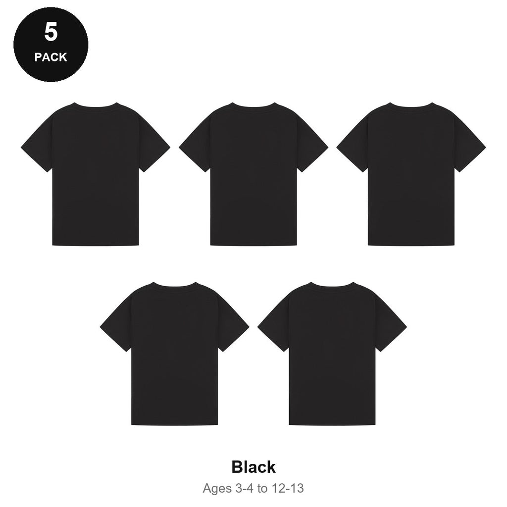Kids Plain T-Shirts 5 Pack - 100% ringspun cotton 150gsm, Ages 3-13, School & PE - Black