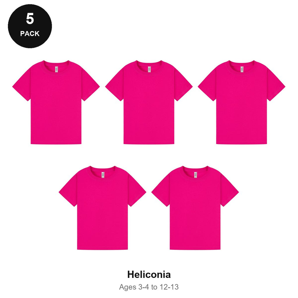 Kids Plain T-Shirts 5 Pack - 100% ringspun cotton 150gsm, Ages 3-13, School & PE - Heliconia