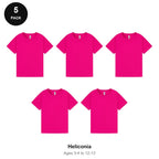 Kids Plain T-Shirts 5 Pack - 100% ringspun cotton 150gsm, Ages 3-13, School & PE - Heliconia