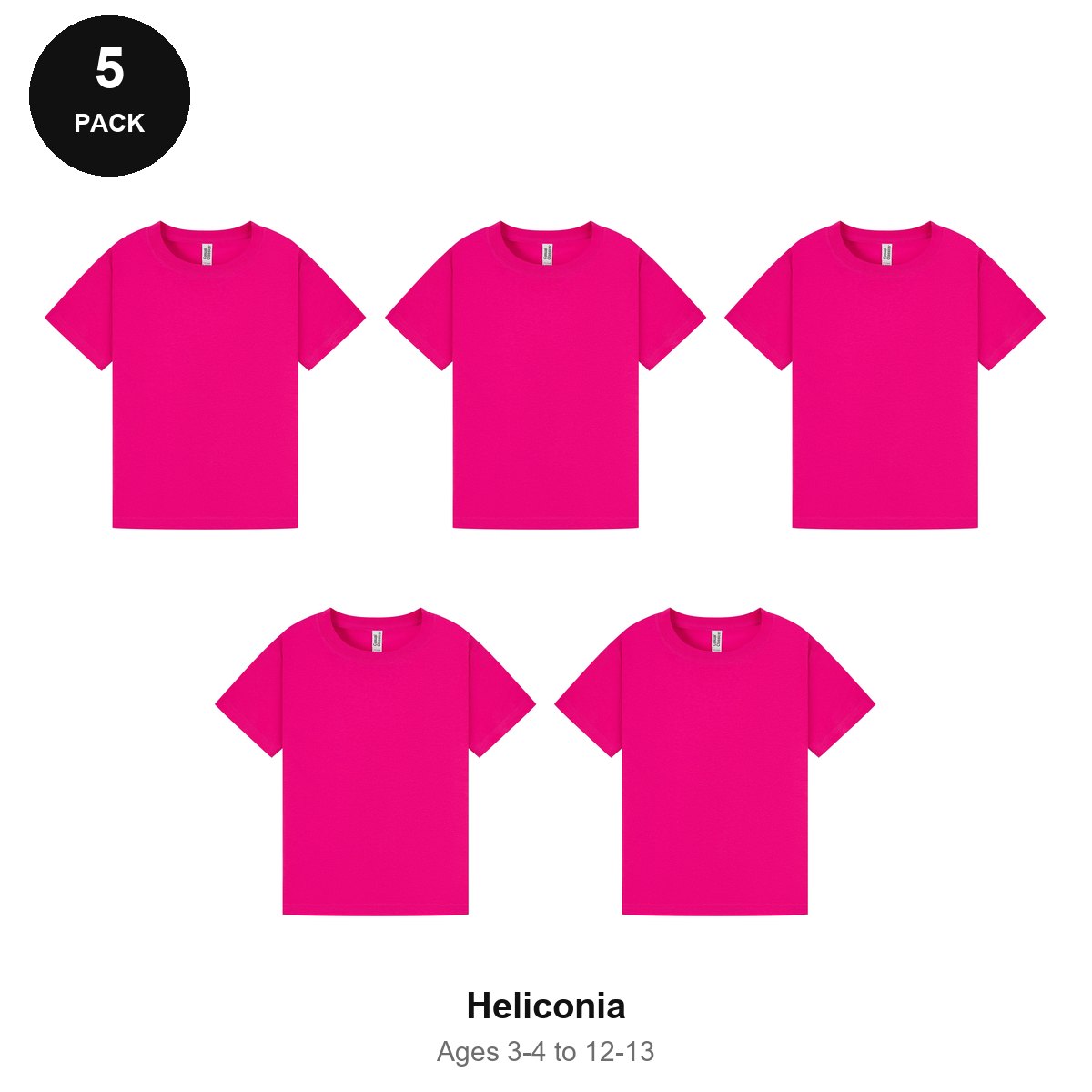 Kids Plain T-Shirts 5 Pack - 100% ringspun cotton 150gsm, Ages 3-13, School & PE - Heliconia