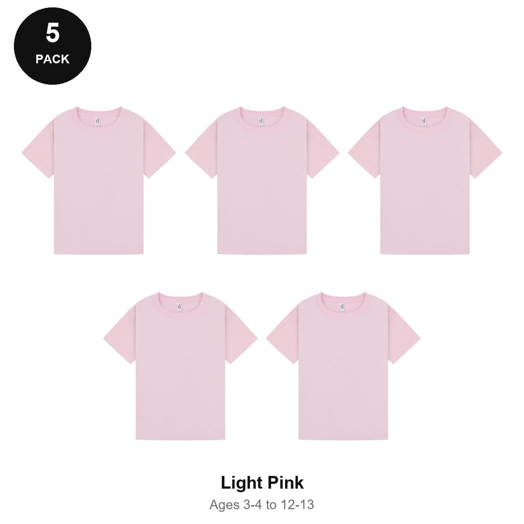 Kids Plain T-Shirts 5 Pack - 100% ringspun cotton 150gsm, Ages 3-13, School & PE - Light Pink