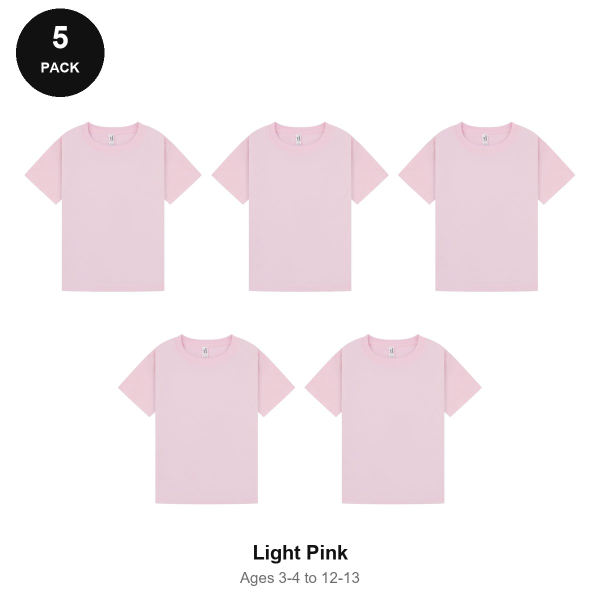 Kids Plain T-Shirts 5 Pack - 100% ringspun cotton 150gsm, Ages 3-13, School & PE - Light Pink