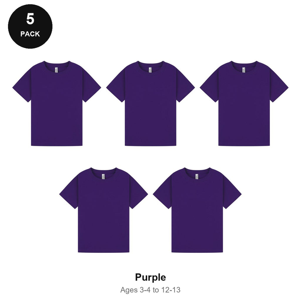 Kids Plain T-Shirts 5 Pack - 100% ringspun cotton 150gsm, Ages 3-13, School & PE - Purple