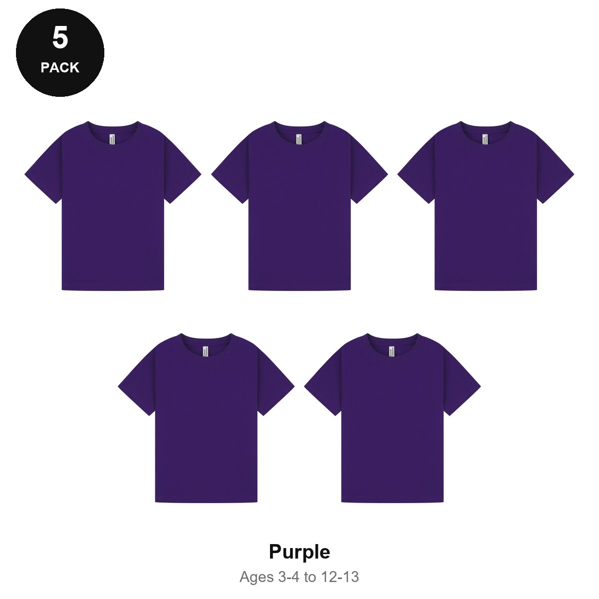 Kids Plain T-Shirts 5 Pack - 100% ringspun cotton 150gsm, Ages 3-13, School & PE - Purple
