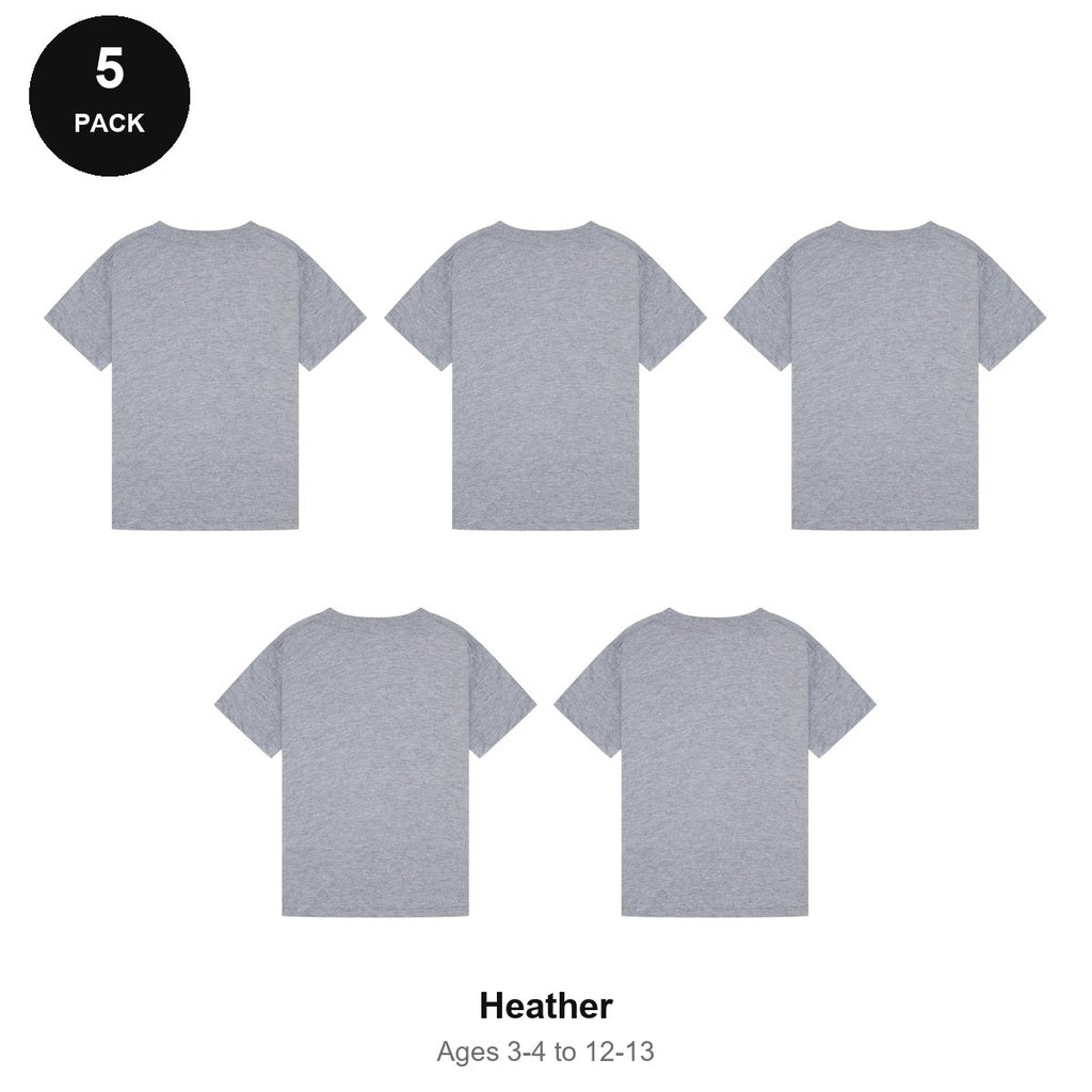 Kids Plain T-Shirts 5 Pack - 100% ringspun cotton 150gsm, Ages 3-13, School & PE - Heather