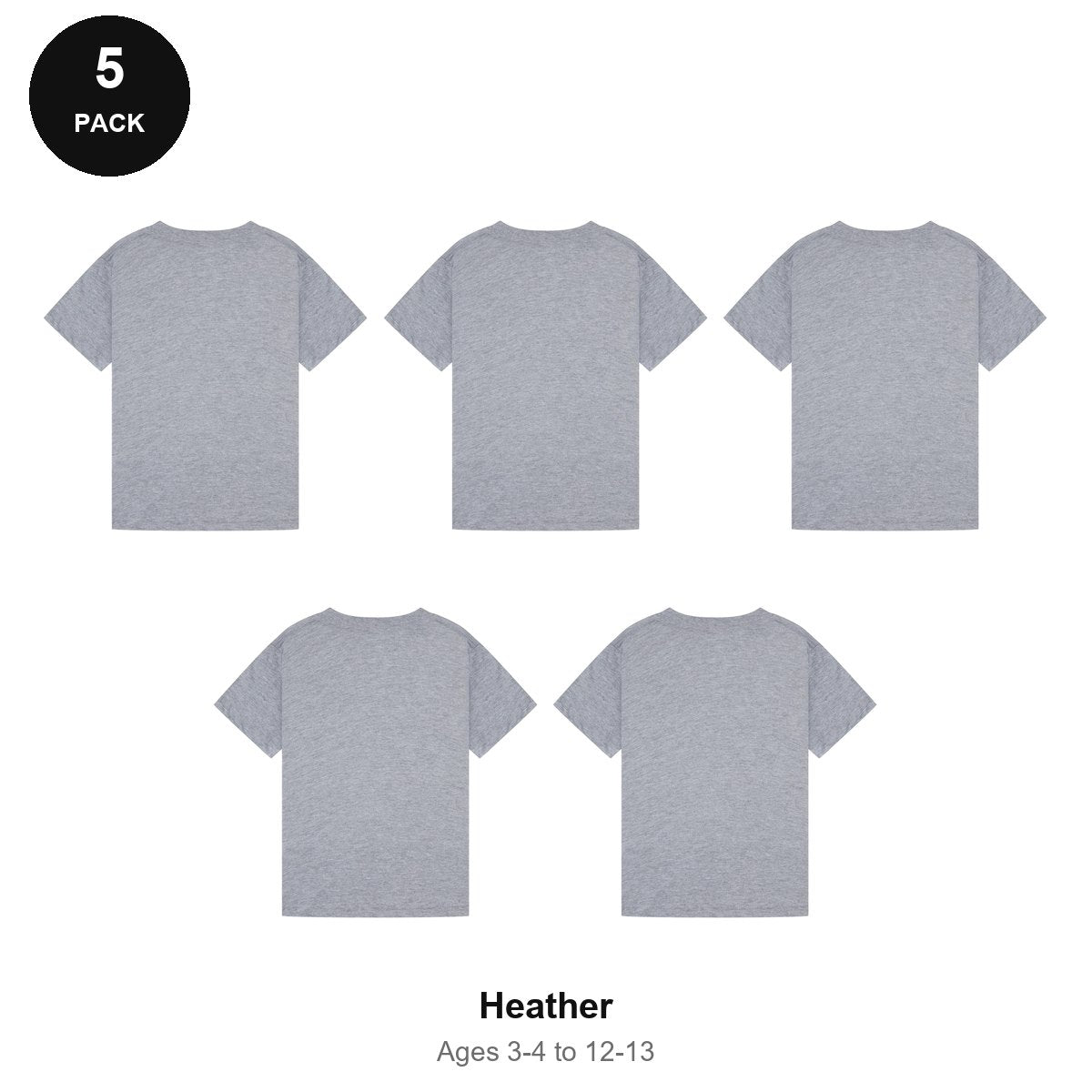 Kids Plain T-Shirts 5 Pack - 100% ringspun cotton 150gsm, Ages 3-13, School & PE - Heather