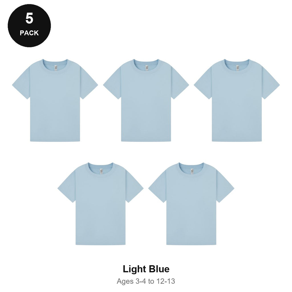 Kids Plain T-Shirts 5 Pack - 100% ringspun cotton 150gsm, Ages 3-13, School & PE - Light Blue