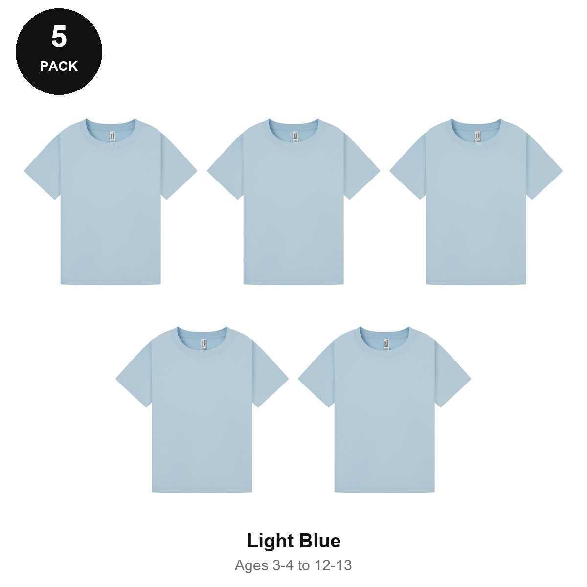 Kids Plain T-Shirts 5 Pack - 100% ringspun cotton 150gsm, Ages 3-13, School & PE - Light Blue