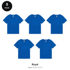 Kids Plain T-Shirts 5 Pack - 100% ringspun cotton 150gsm, Ages 3-13, School & PE - Royal