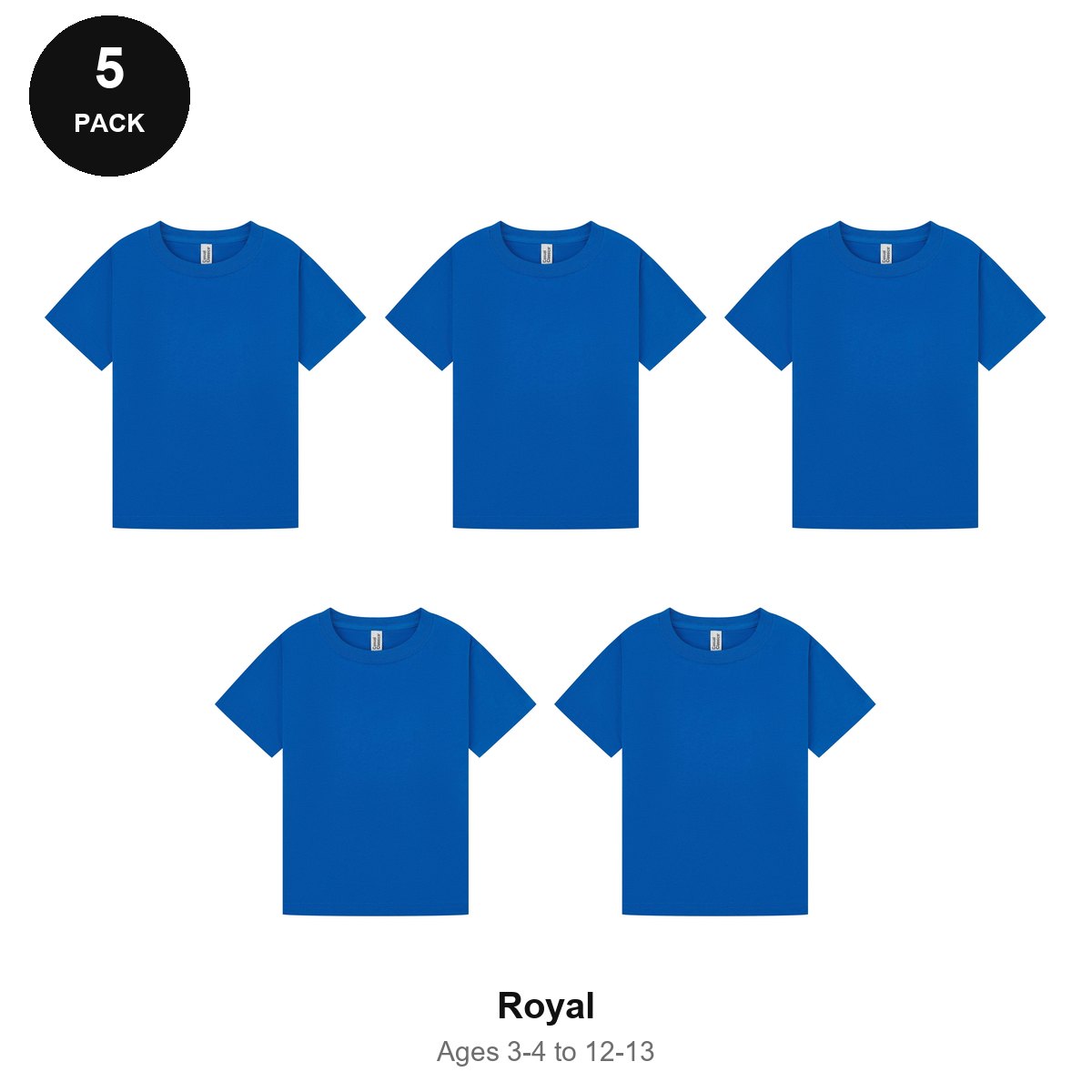 Kids Plain T-Shirts 5 Pack - 100% ringspun cotton 150gsm, Ages 3-13, School & PE - Royal