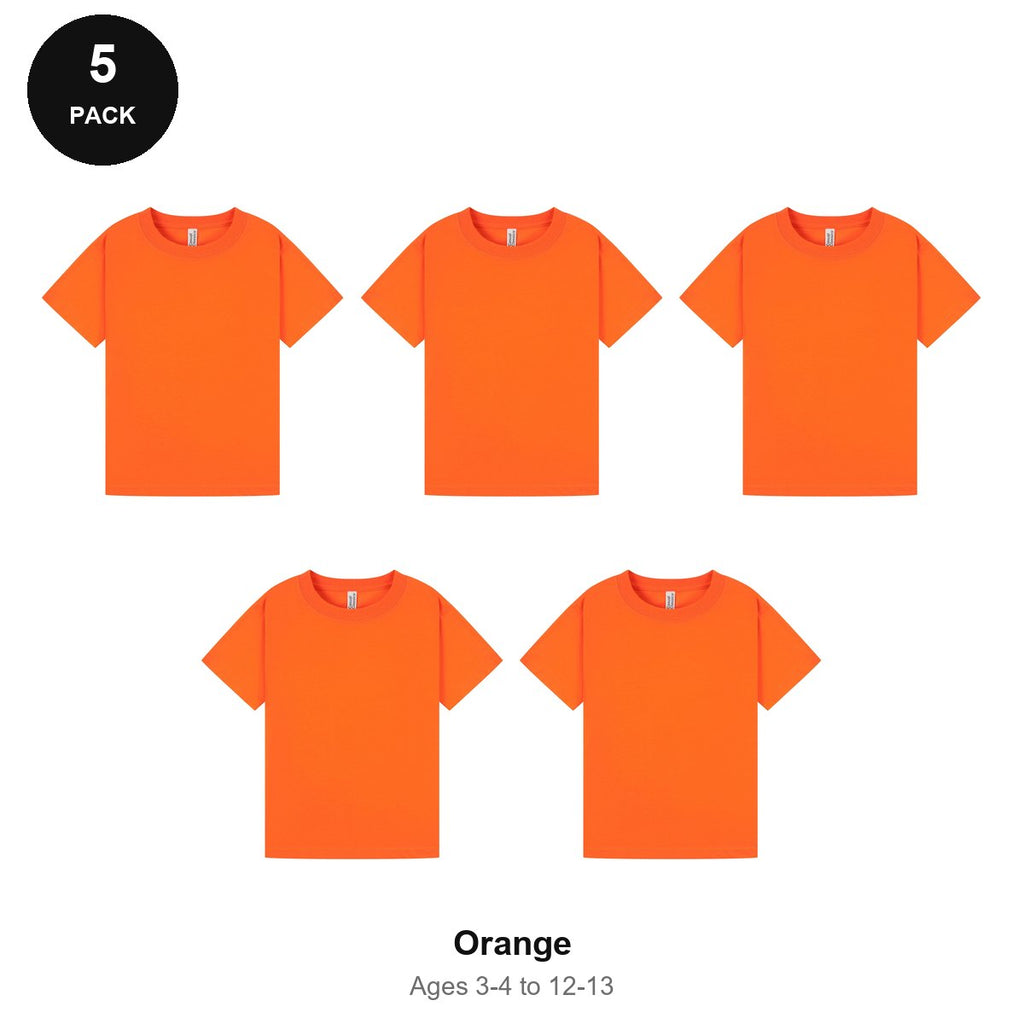 Kids Plain T-Shirts 5 Pack - 100% ringspun cotton 150gsm, Ages 3-13, School & PE - Orange