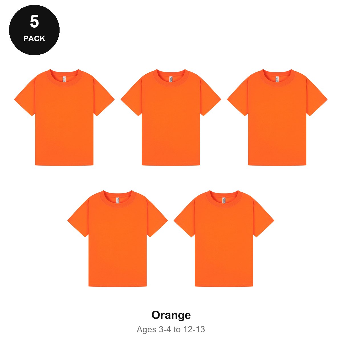 Kids Plain T-Shirts 5 Pack - 100% ringspun cotton 150gsm, Ages 3-13, School & PE - Orange