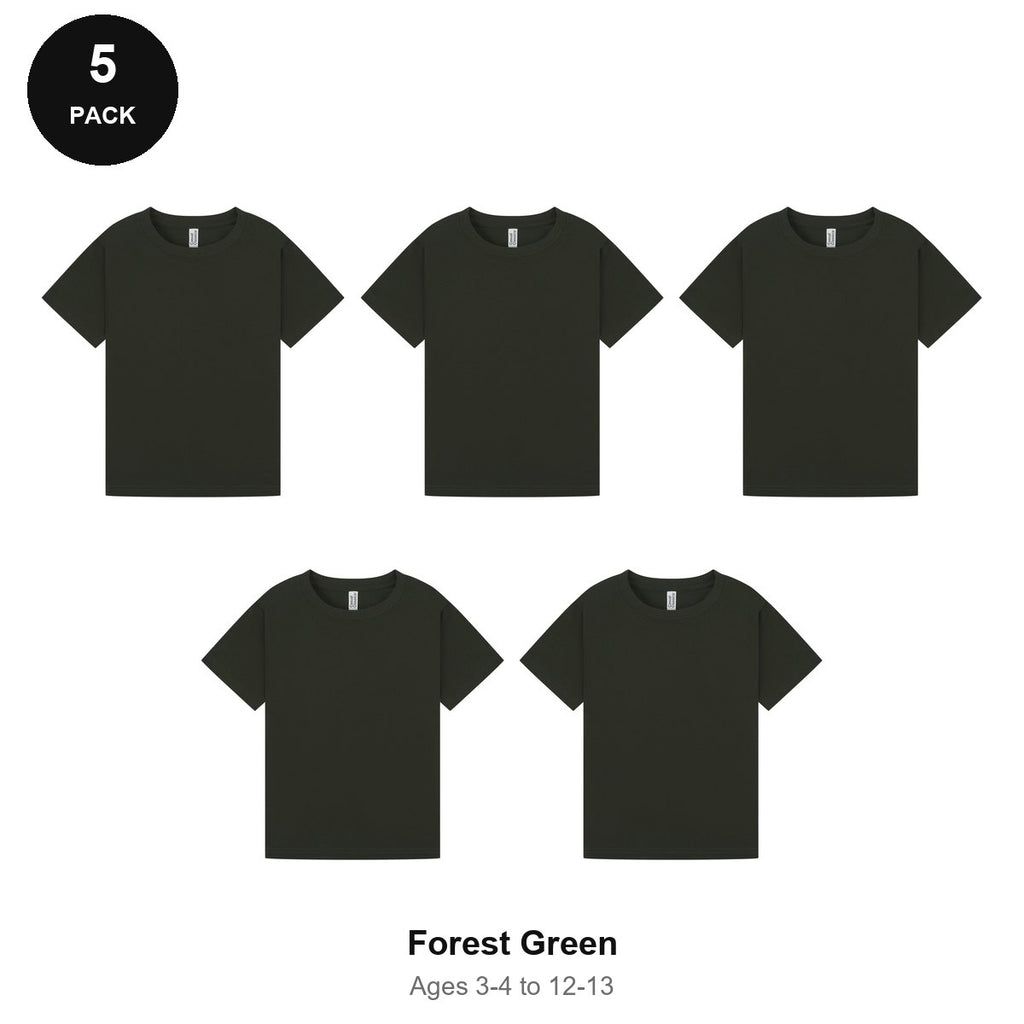 Kids Plain T-Shirts 5 Pack - 100% ringspun cotton 150gsm, Ages 3-13, School & PE - Forest Green