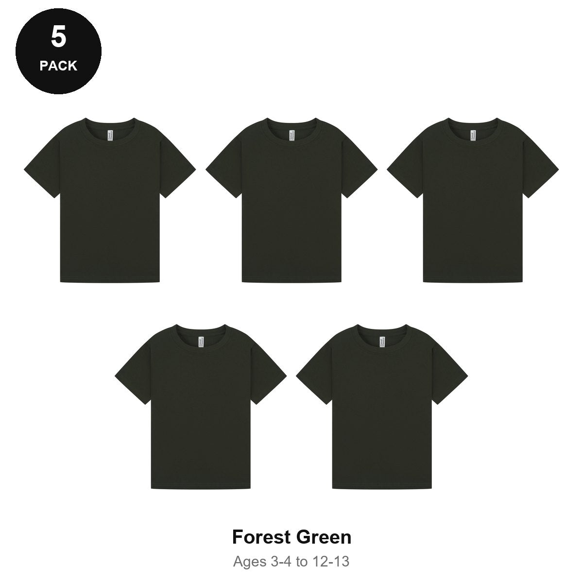Kids Plain T-Shirts 5 Pack - 100% ringspun cotton 150gsm, Ages 3-13, School & PE - Forest Green