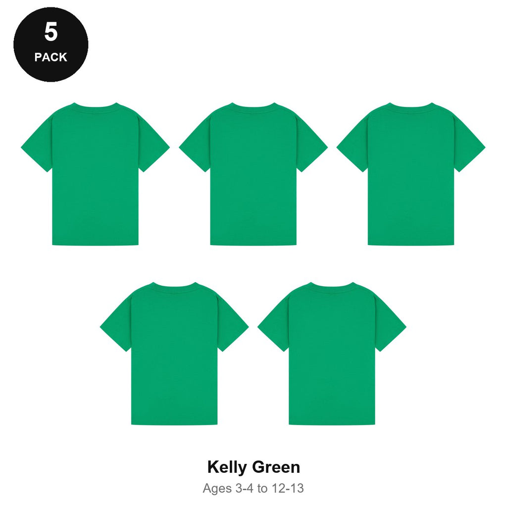 Kids Plain T-Shirts 5 Pack - 100% ringspun cotton 150gsm, Ages 3-13, School & PE - Kelly Green
