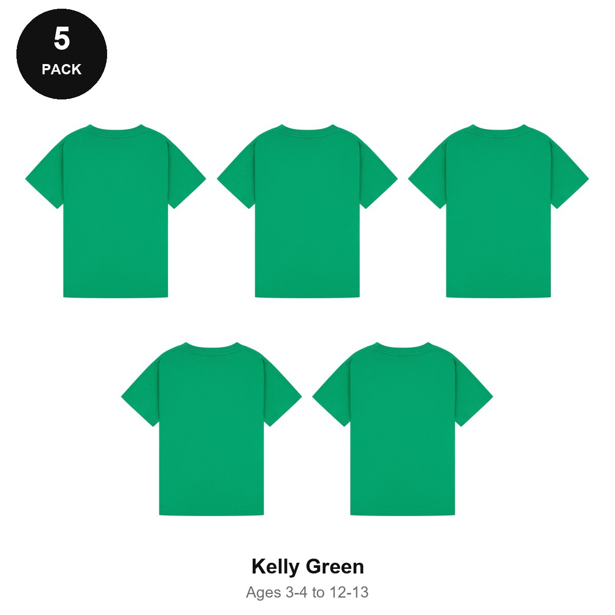 Kids Plain T-Shirts 5 Pack - 100% ringspun cotton 150gsm, Ages 3-13, School & PE - Kelly Green
