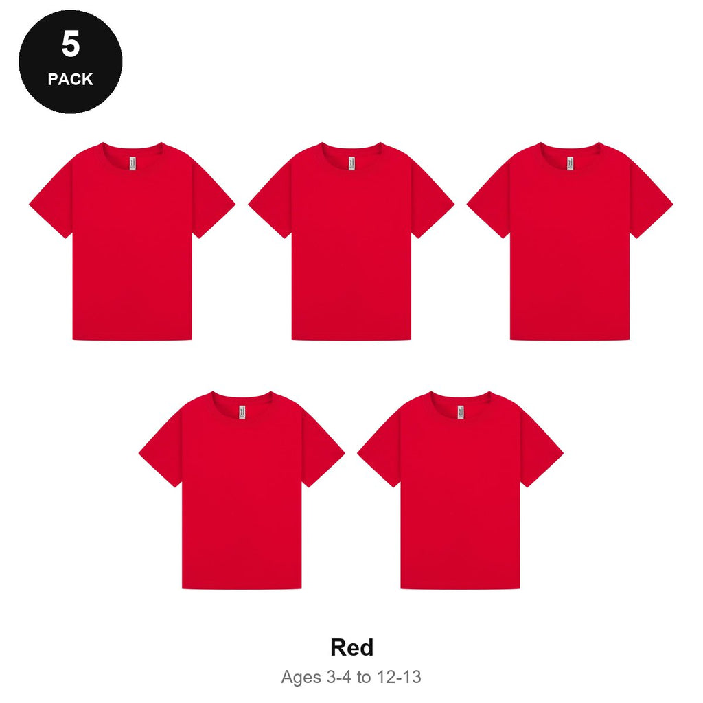 Kids Plain T-Shirts 5 Pack - 100% ringspun cotton 150gsm, Ages 3-13, School & PE - Red