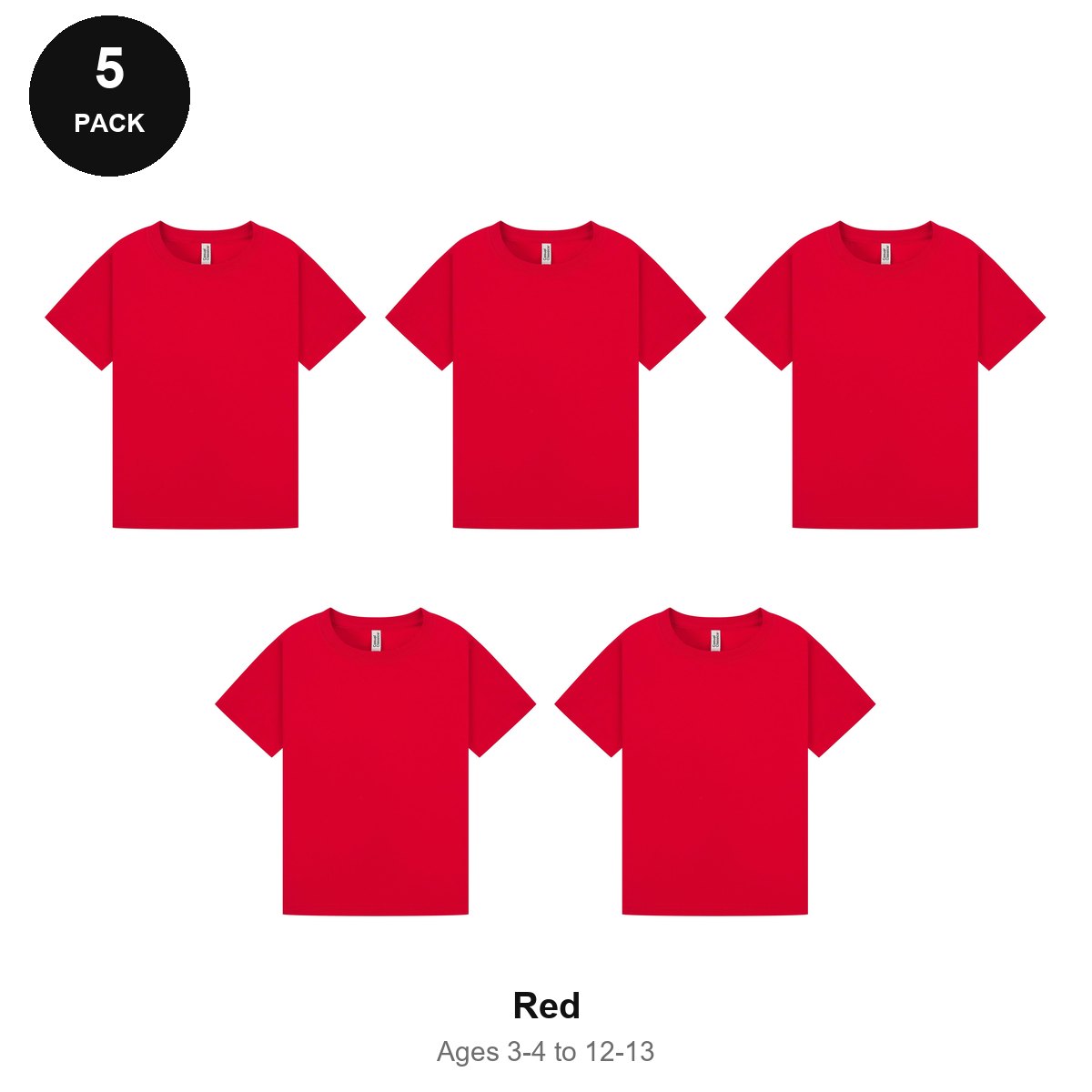 Kids Plain T-Shirts 5 Pack - 100% ringspun cotton 150gsm, Ages 3-13, School & PE - Red