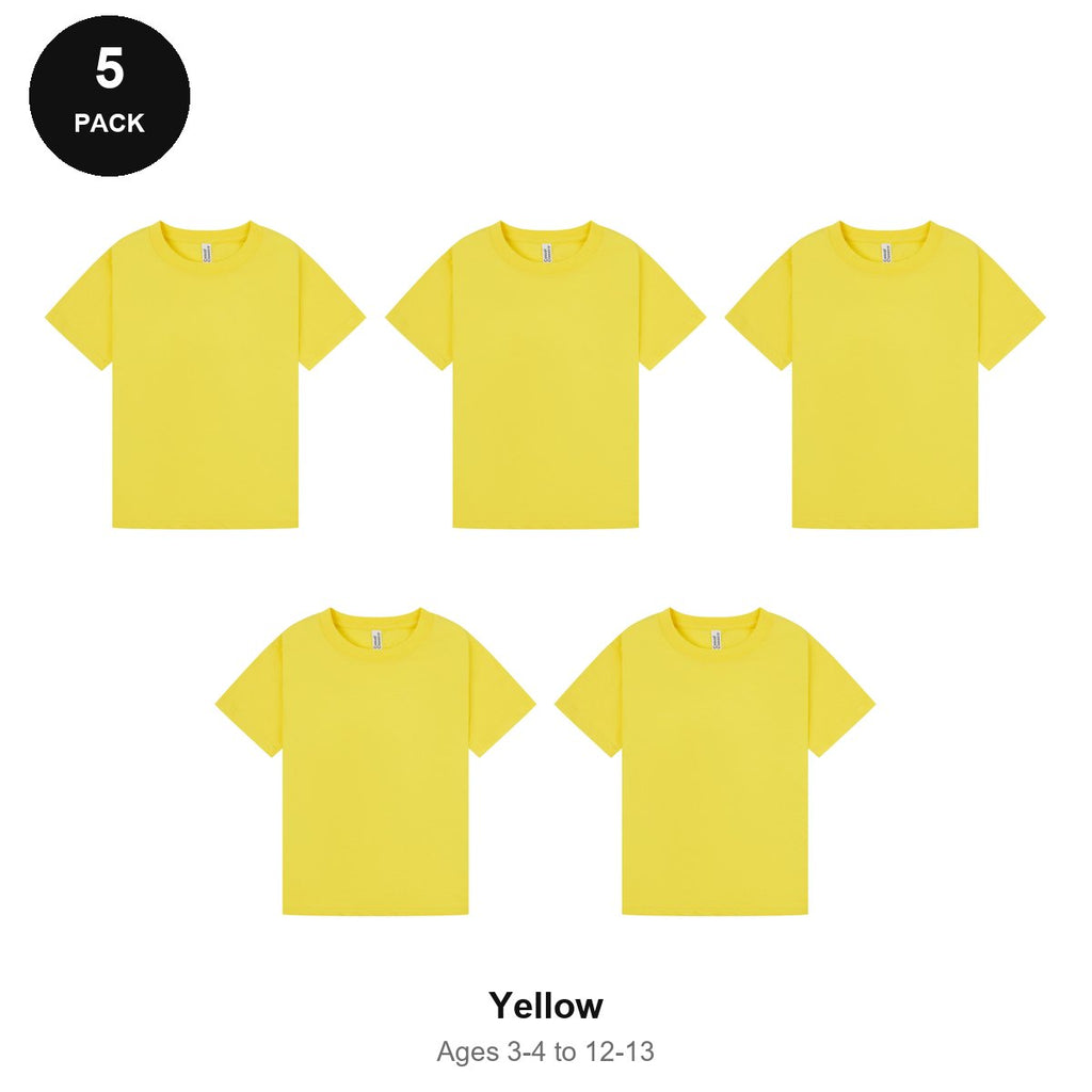 Kids Plain T-Shirts 5 Pack - 100% ringspun cotton 150gsm, Ages 3-13, School & PE - Yellow