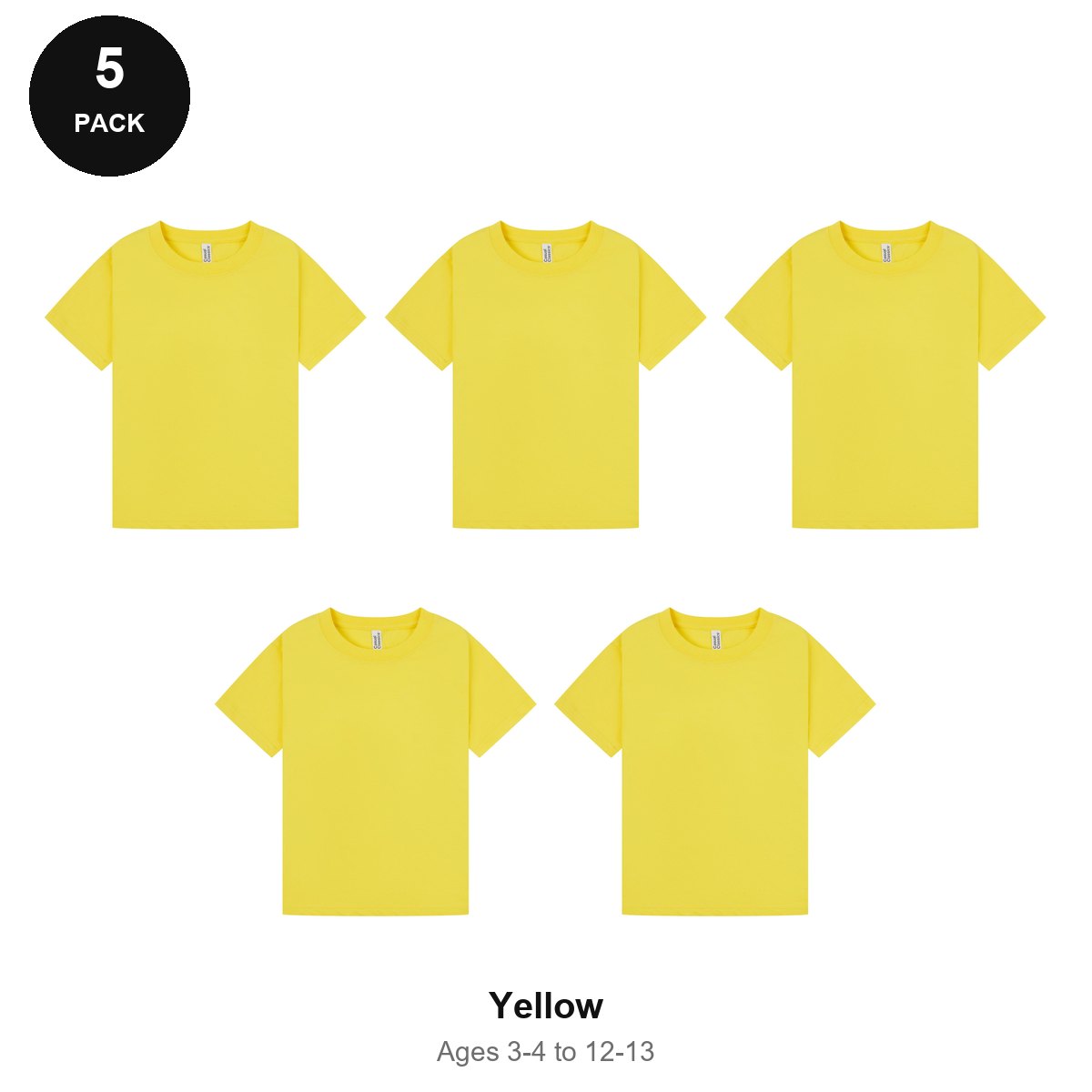 Kids Plain T-Shirts 5 Pack - 100% ringspun cotton 150gsm, Ages 3-13, School & PE - Yellow