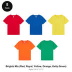Kids Plain T-Shirts 5 Pack - 100% ringspun cotton 150gsm, Ages 3-13, School & PE - Brights Mix (Red, Royal, Yellow, Orange, Kelly Green)