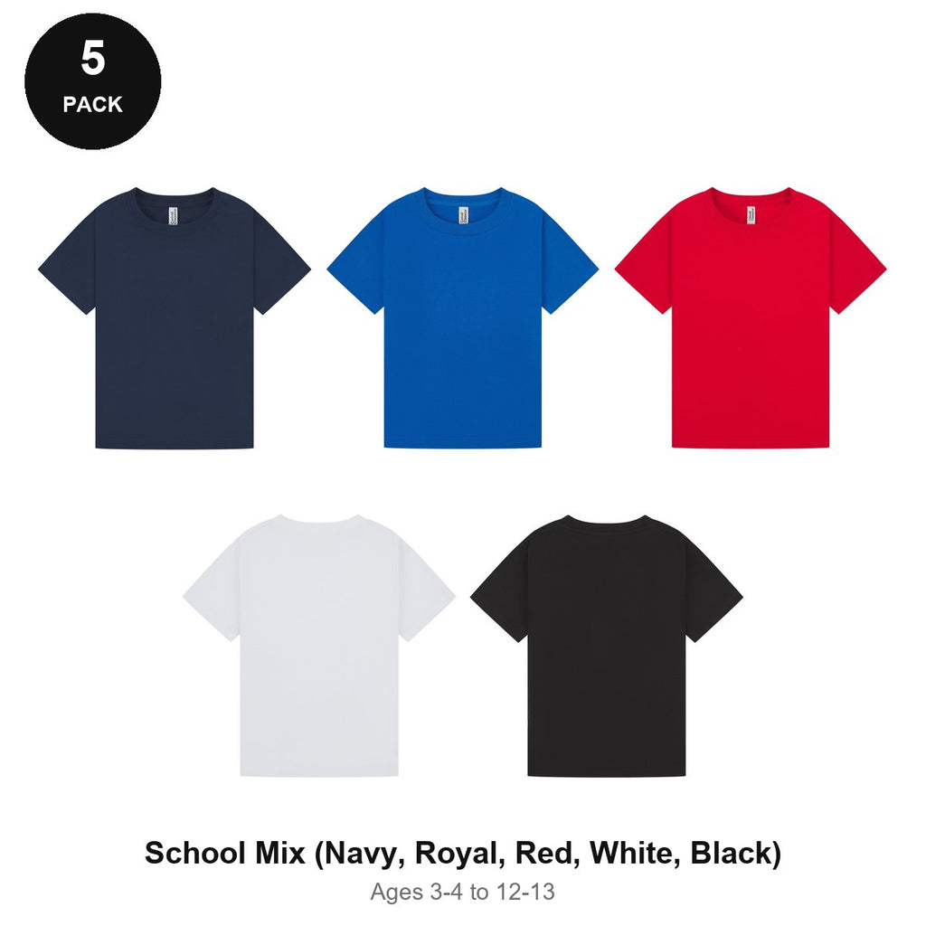 Kids Plain T-Shirts 5 Pack - 100% ringspun cotton 150gsm, Ages 3-13, School & PE - School Mix (Navy, Royal, Red, White, Black)
