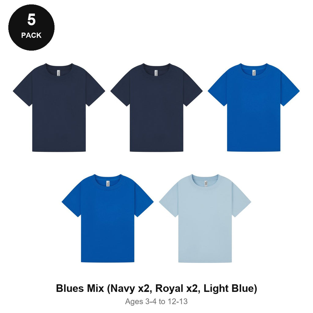Kids Plain T-Shirts 5 Pack - 100% ringspun cotton 150gsm, Ages 3-13, School & PE - Blues Mix (Navy x2, Royal x2, Light Blue)