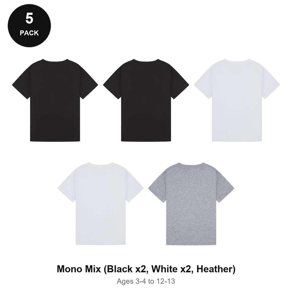 Kids Plain T-Shirts 5 Pack - 100% ringspun cotton 150gsm, Ages 3-13, School & PE - Mono Mix (Black x2, White x2, Heather)