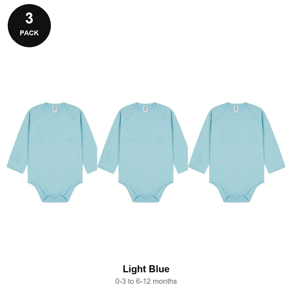 Baby Long Sleeve Bodysuits 3 Pack - 100% combed cotton interlock 180gsm, 0-12 Months - Light Blue