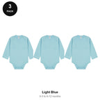 Baby Long Sleeve Bodysuits 3 Pack - 100% combed cotton interlock 180gsm, 0-12 Months - Light Blue
