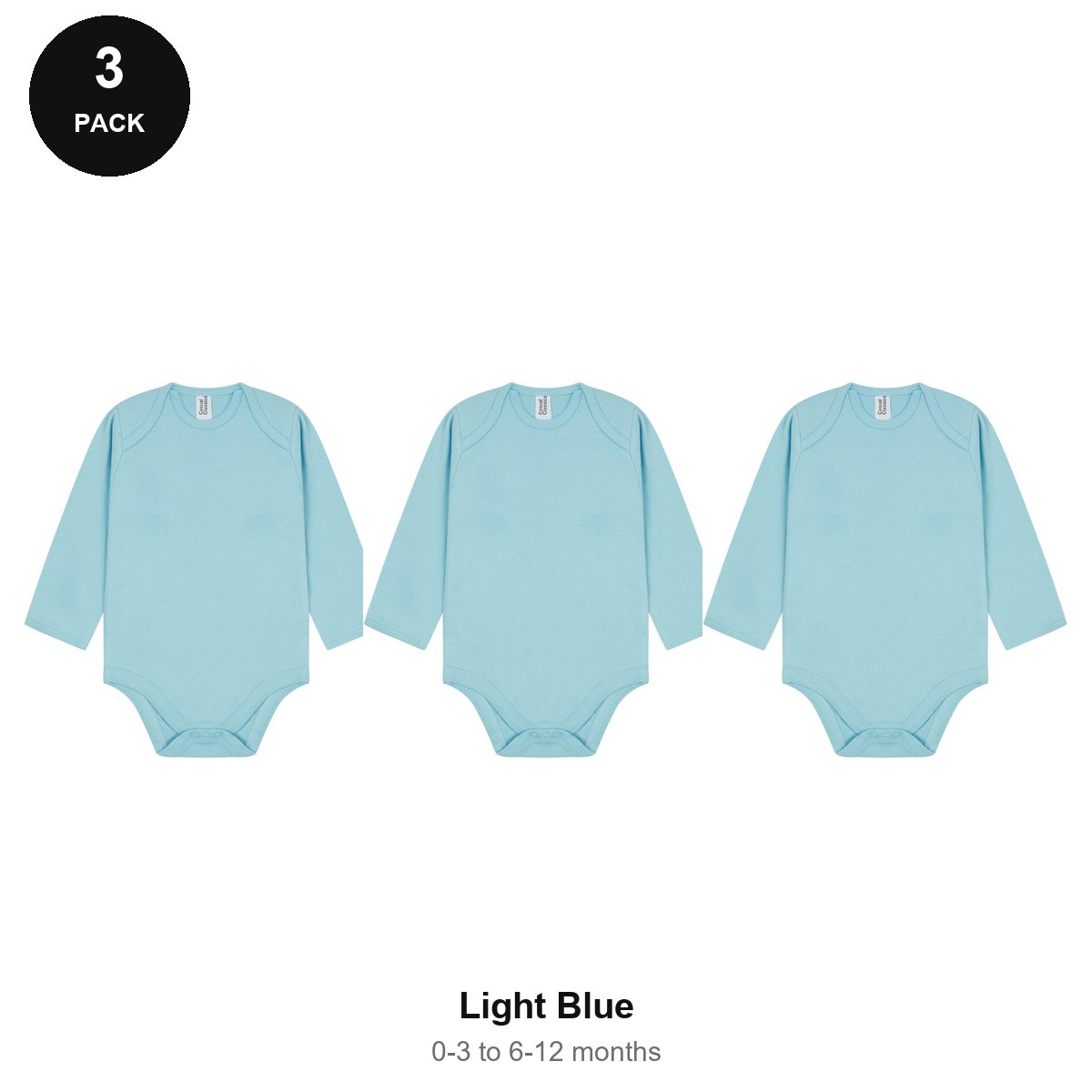 Baby Long Sleeve Bodysuits 3 Pack - 100% combed cotton interlock 180gsm, 0-12 Months - Light Blue
