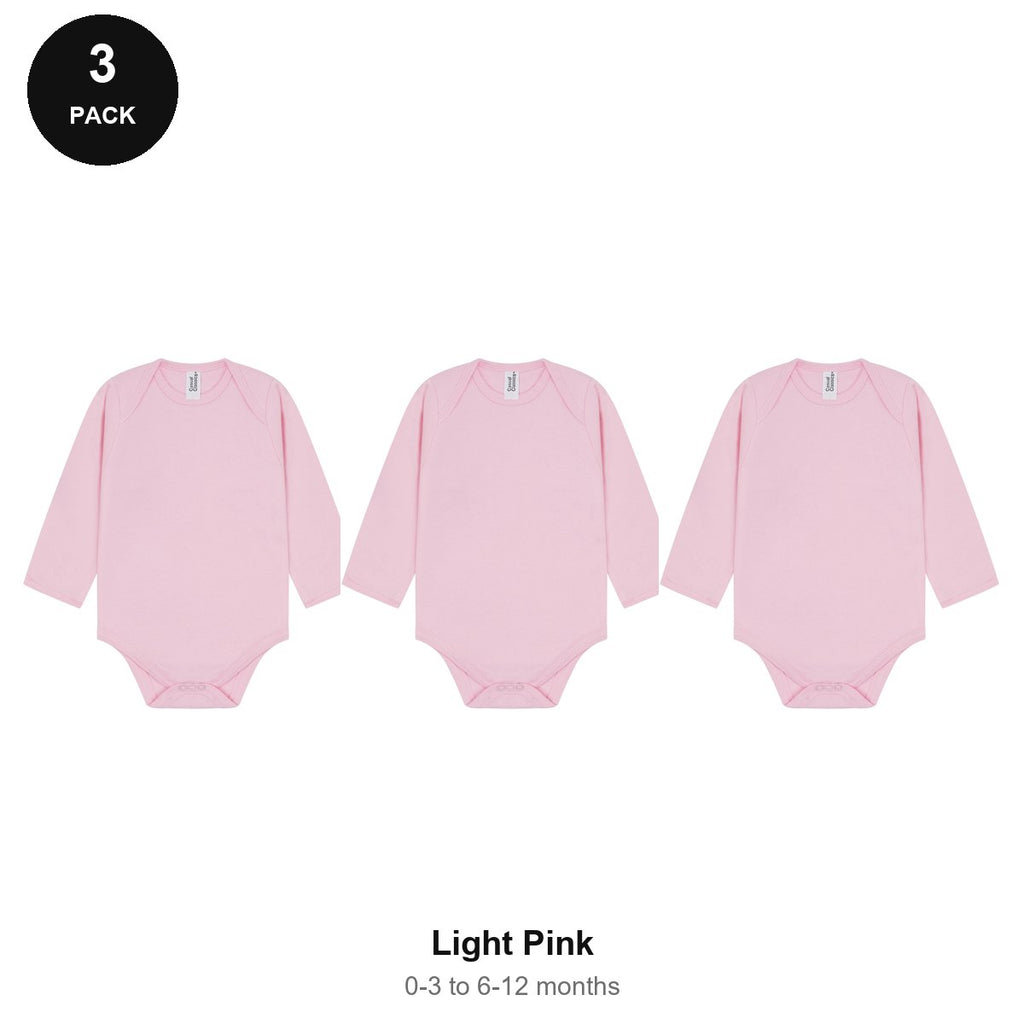 Baby Long Sleeve Bodysuits 3 Pack - 100% combed cotton interlock 180gsm, 0-12 Months - Light Pink