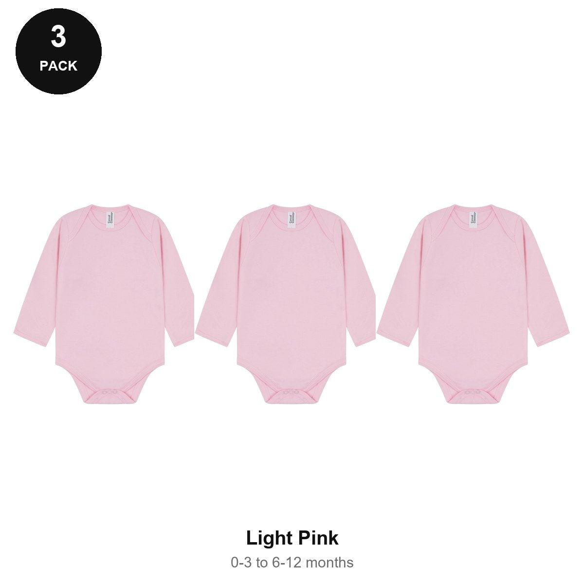 Baby Long Sleeve Bodysuits 3 Pack - 100% combed cotton interlock 180gsm, 0-12 Months - Light Pink