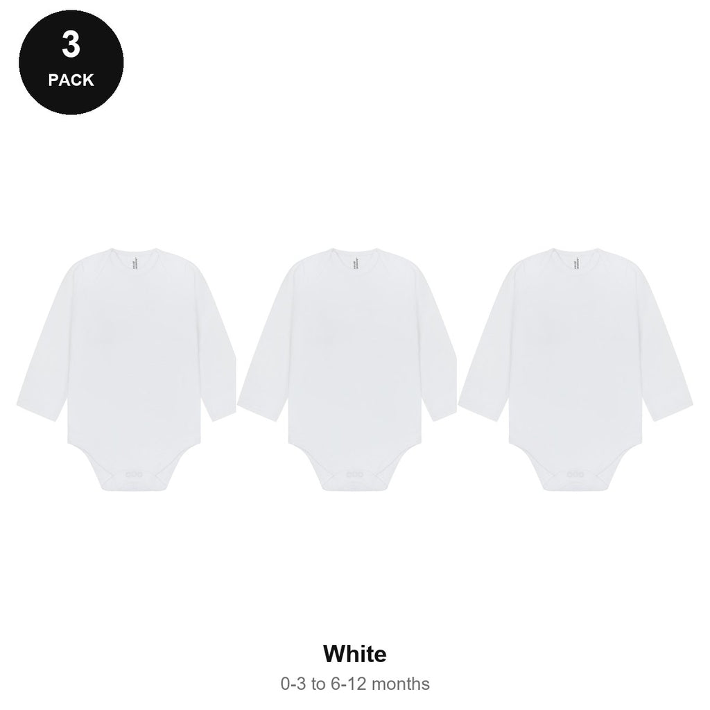 Baby Long Sleeve Bodysuits 3 Pack - 100% combed cotton interlock 180gsm, 0-12 Months - White
