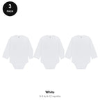 Baby Long Sleeve Bodysuits 3 Pack - 100% combed cotton interlock 180gsm, 0-12 Months - White