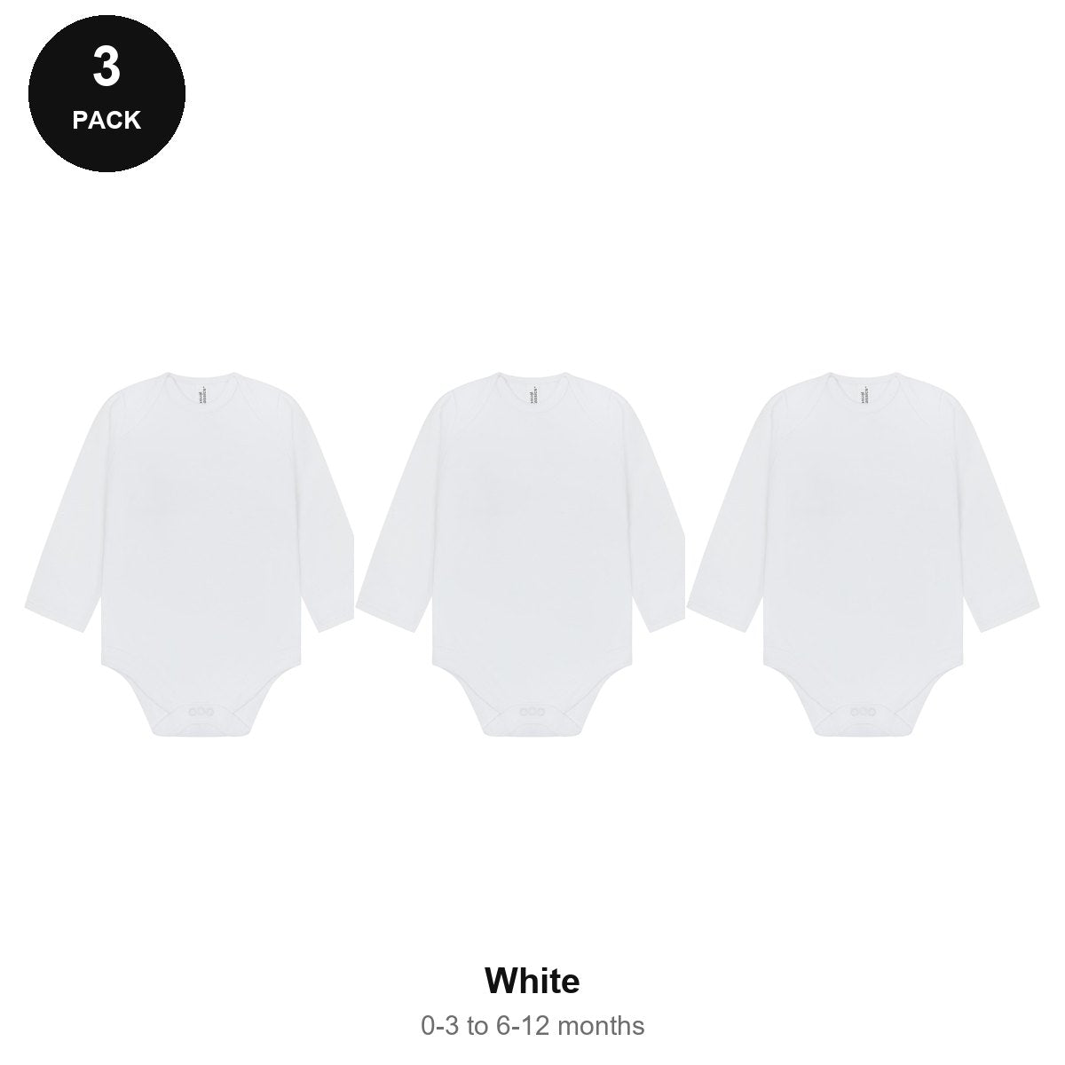 Baby Long Sleeve Bodysuits 3 Pack - 100% combed cotton interlock 180gsm, 0-12 Months - White