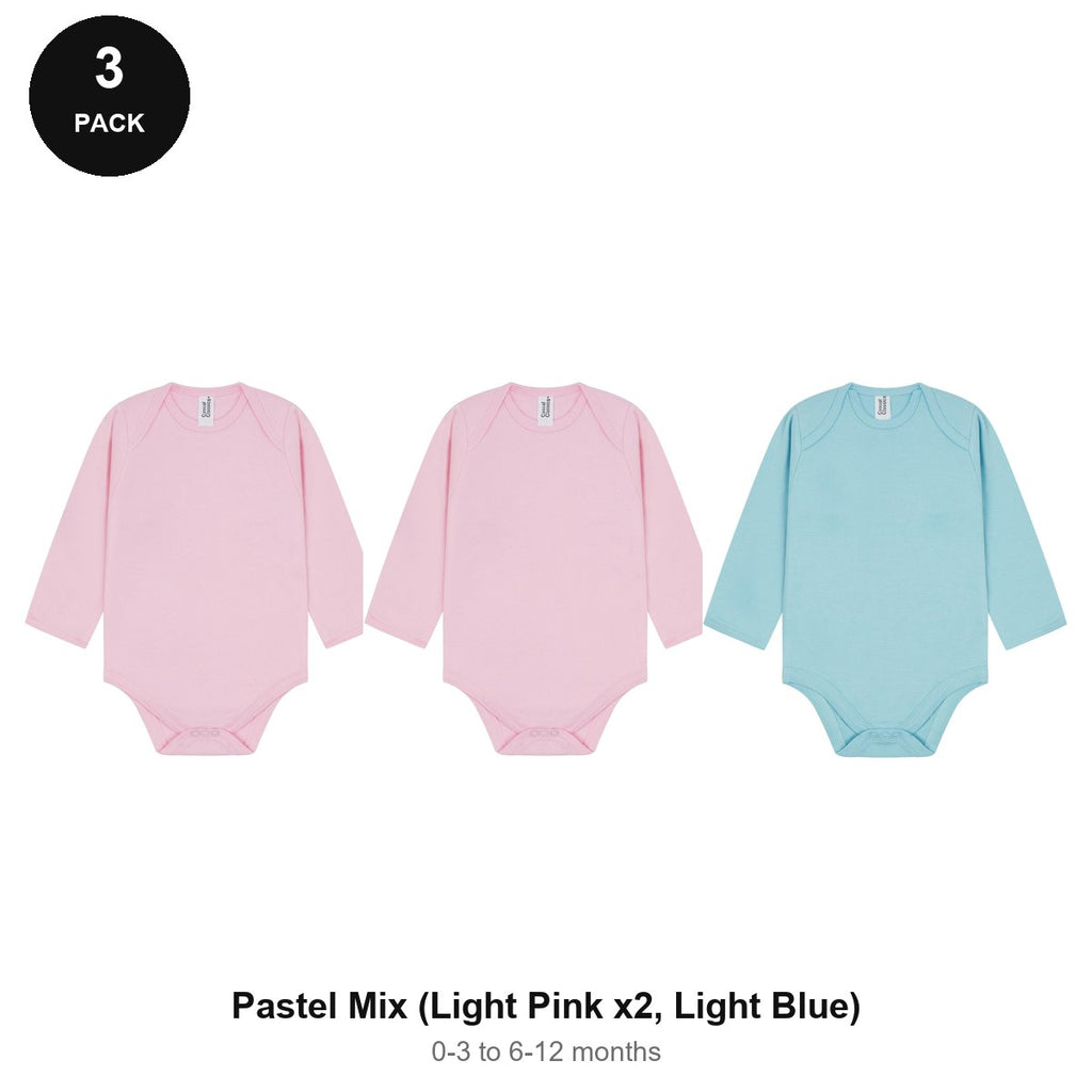 Baby Long Sleeve Bodysuits 3 Pack - 100% combed cotton interlock 180gsm, 0-12 Months - Pastel Mix (Light Pink x2, Light Blue)