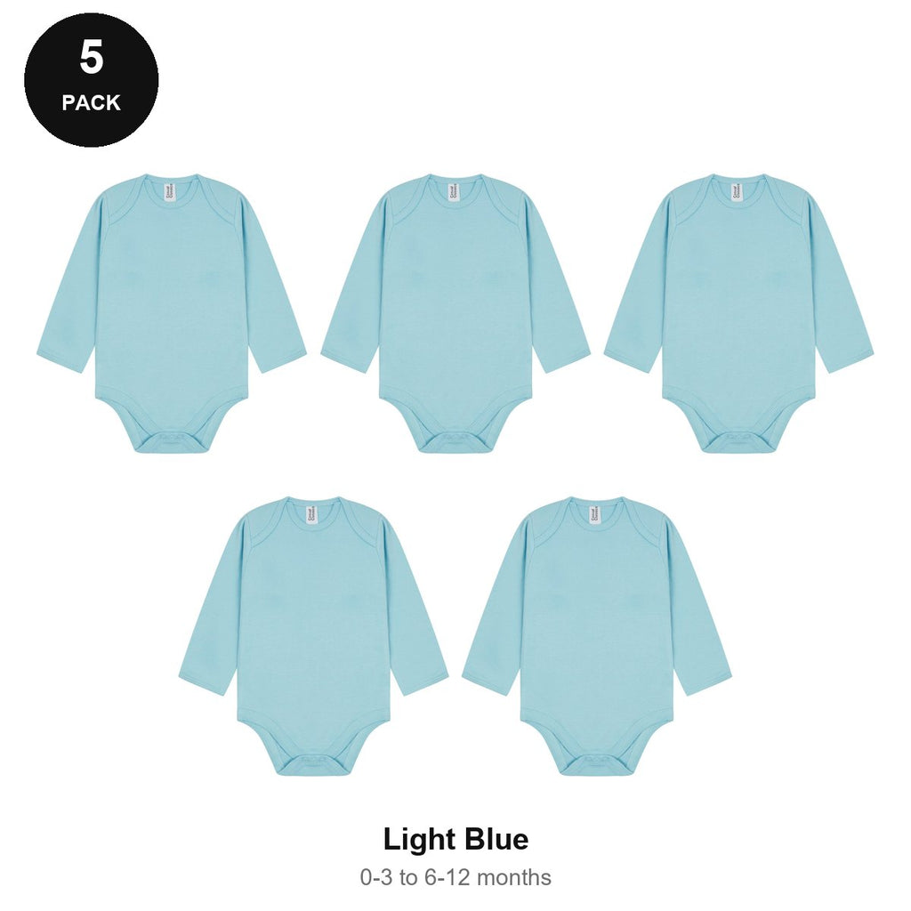 Baby Long Sleeve Bodysuits 5 Pack - 100% combed cotton interlock 180gsm, 0-12 Months - Light Blue